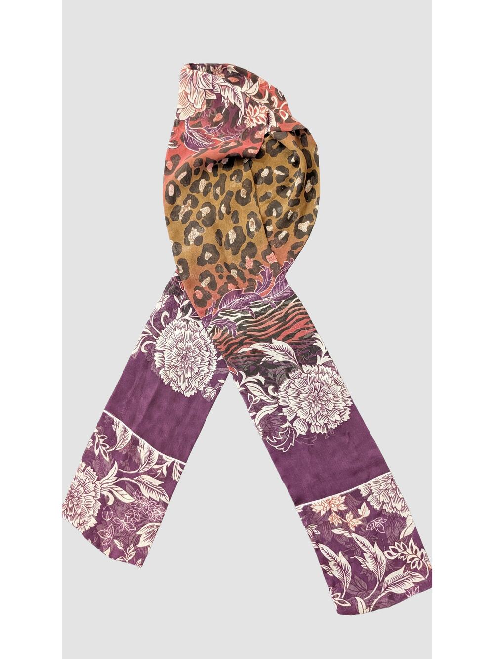 Leopard Floral Oblong Scarf Purple Burgundy Brown Animal Print 5x58